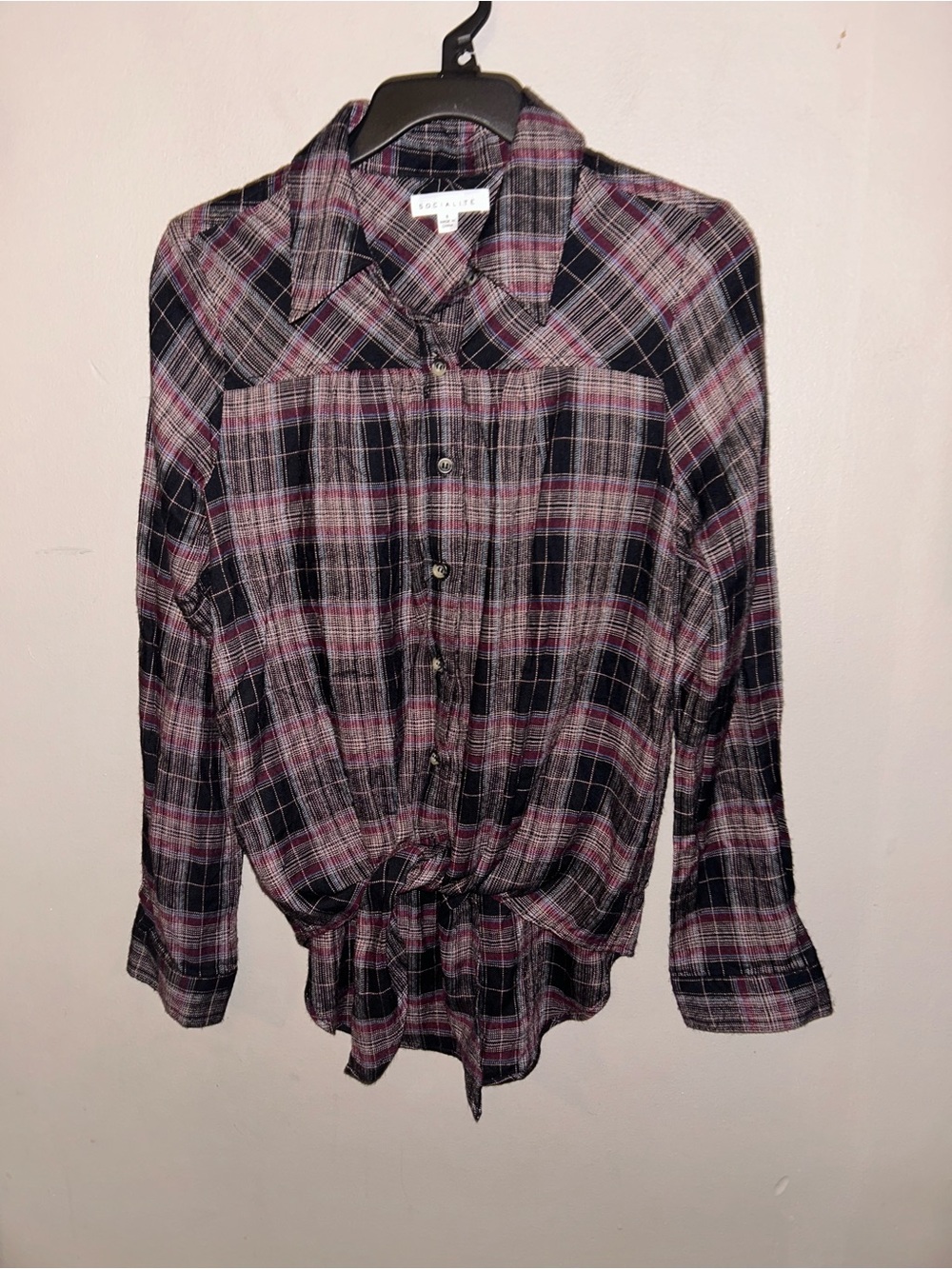 Plaid Button up shirt w/tie waist - black burgundy plaid